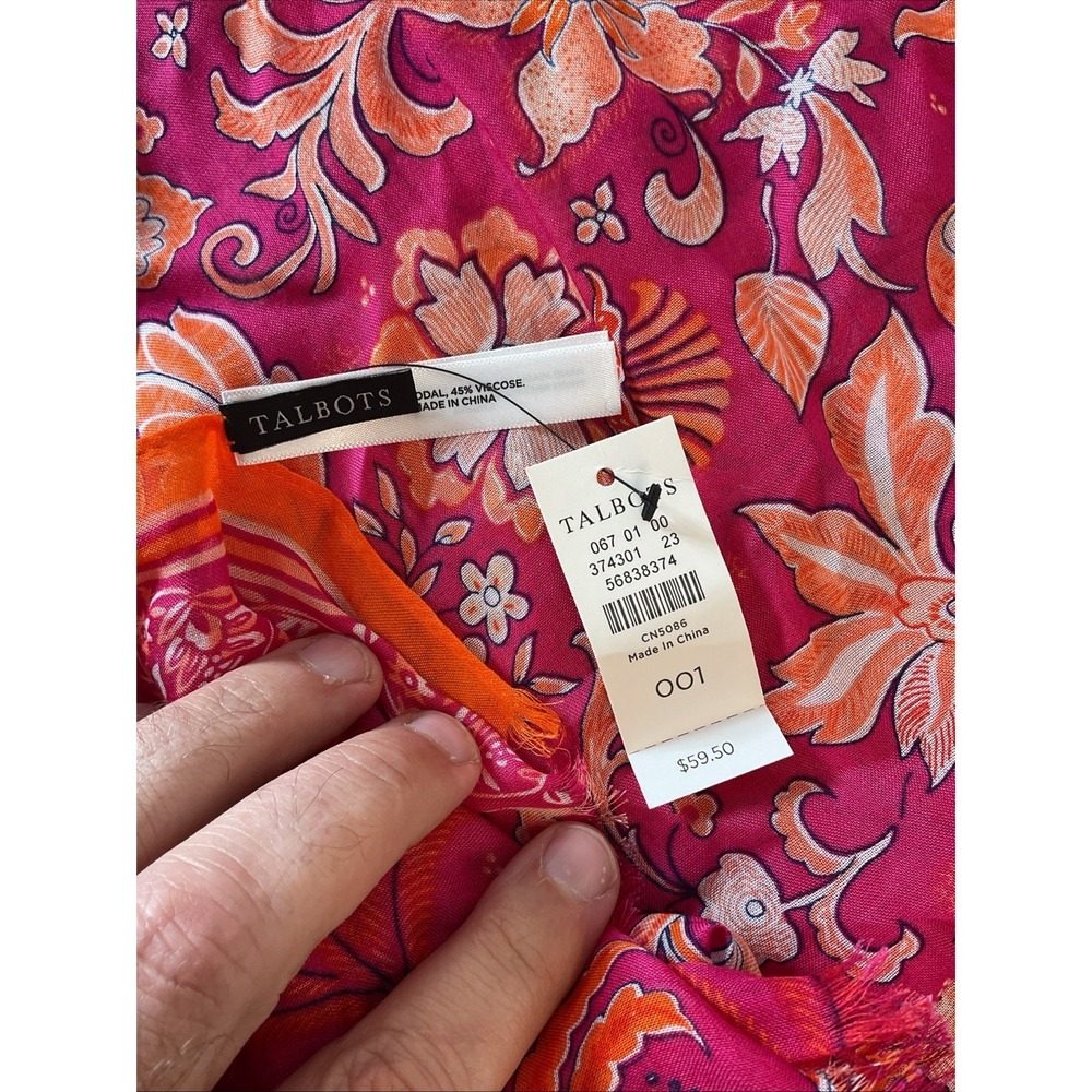 New Talbots  Floral Scarf viscose Modal‎ Pink Orange Vibrant Print Lightweight - Picture 4 of 6
